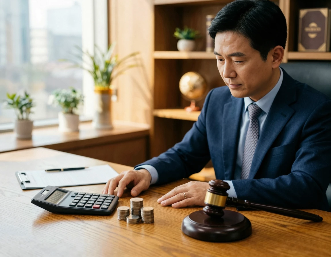 계산기와 동전, 그리고 법원 망치로 비용을 표현한 모습