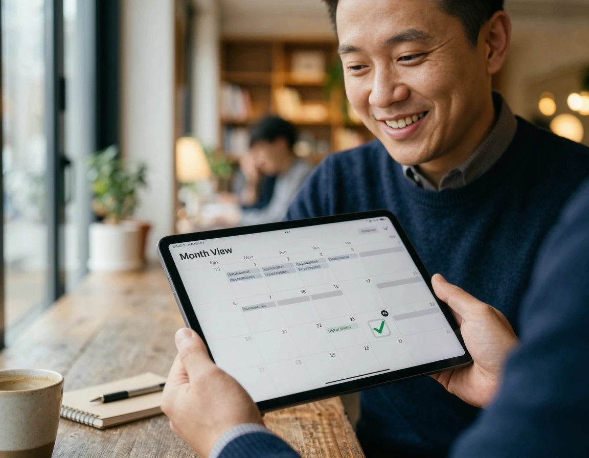 태블릿으로 일정을 확인하며 안도하는 남성