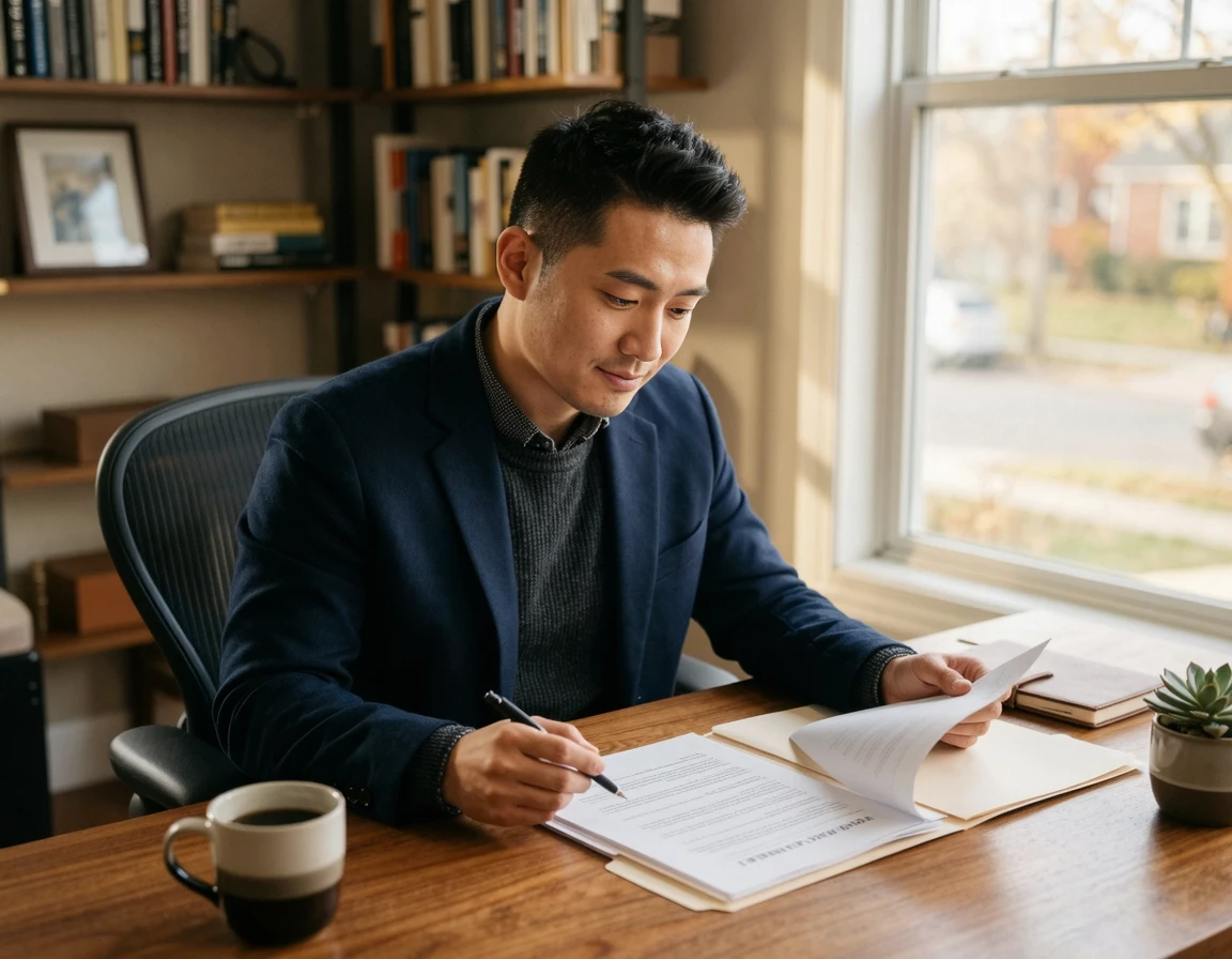 서류를 검토하며 소액심판을 준비하는 30대 남성