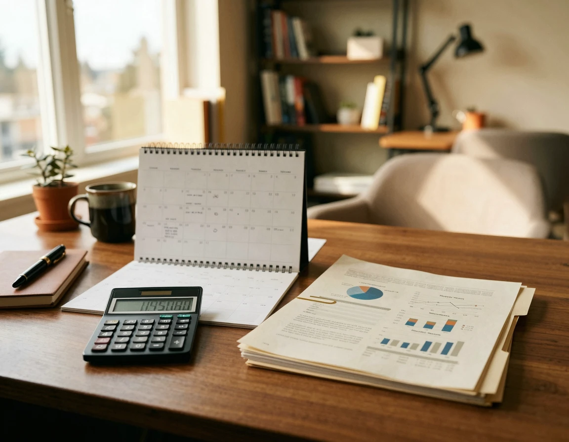 계산기와 달력으로 공사 지연 지체상금을 계산하는 모습