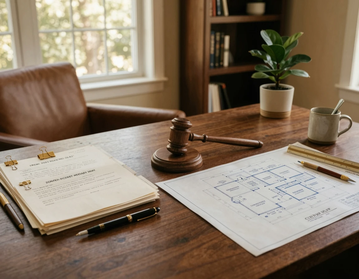 법률 서류와 도면, 판사봉이 놓인 책상