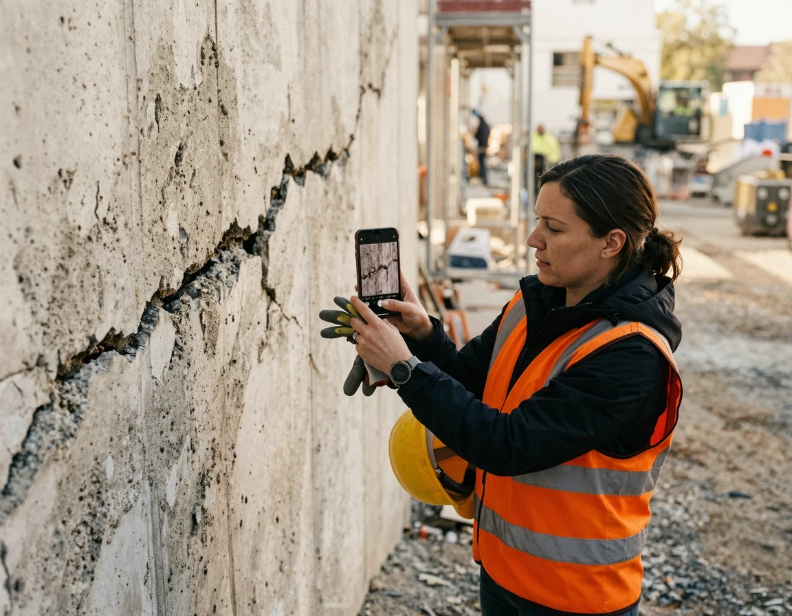 벽면의 하자를 스마트폰으로 촬영하여 증거를 남기는 모습