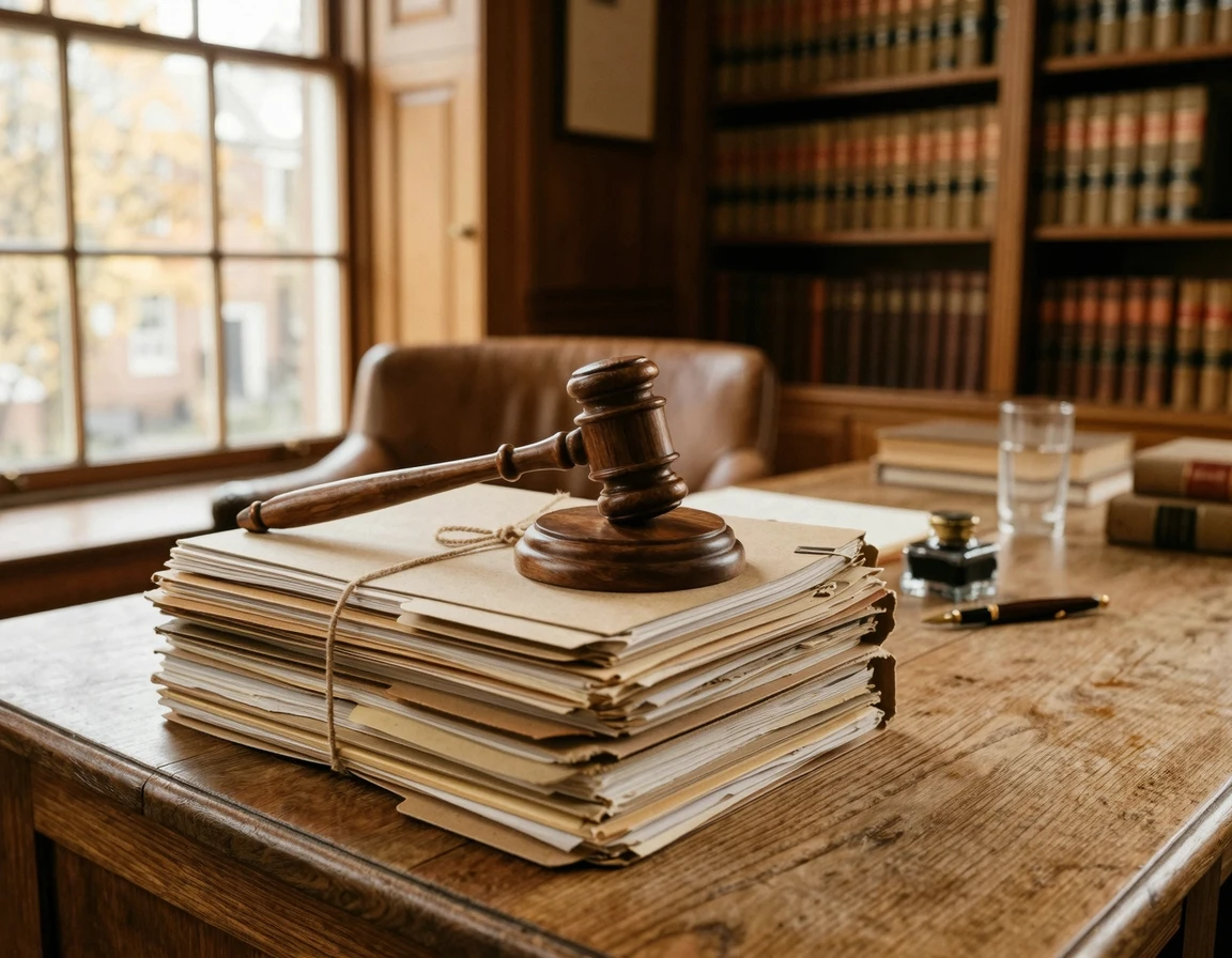 법률 서류 위에 놓인 판사봉