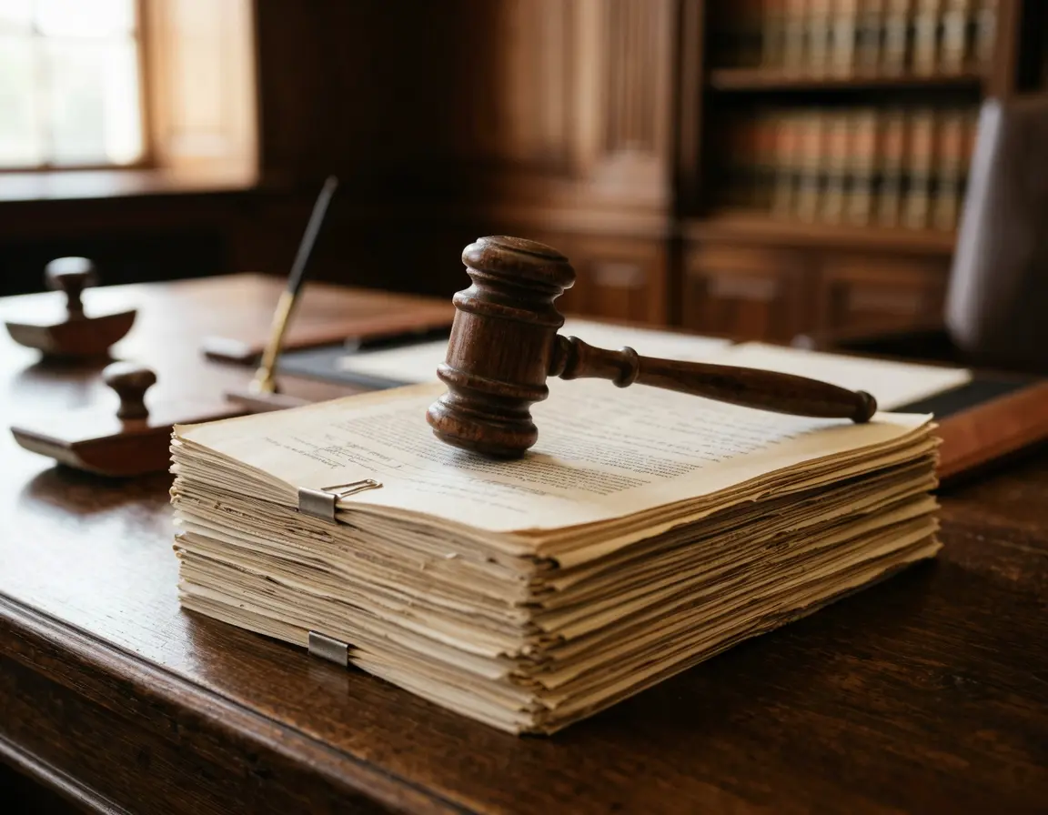 법원 판사봉과 소장 법률 문서 더미