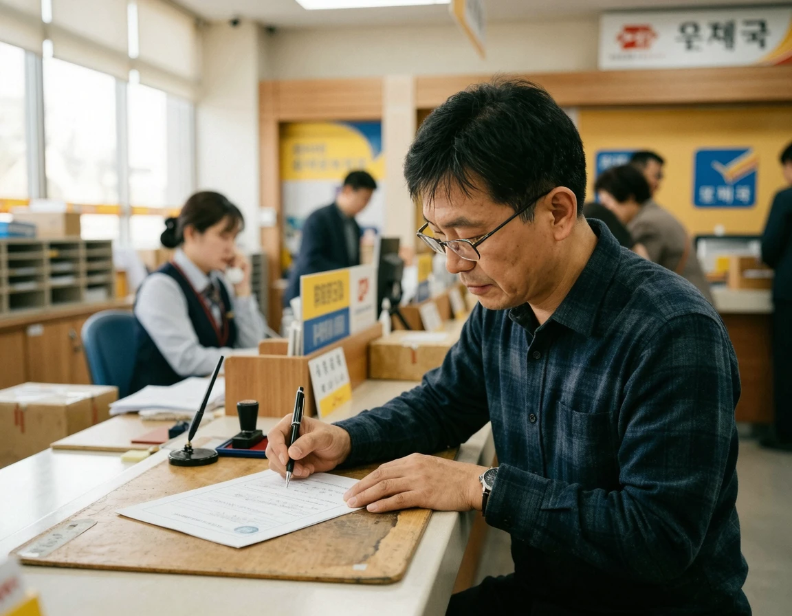 우체국 창구에서 보증금 관련 내용증명 서류를 접수하는 모습