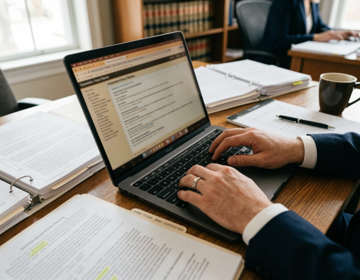 노트북으로 사실조회 후 전자소송 소장을 접수하는 모습