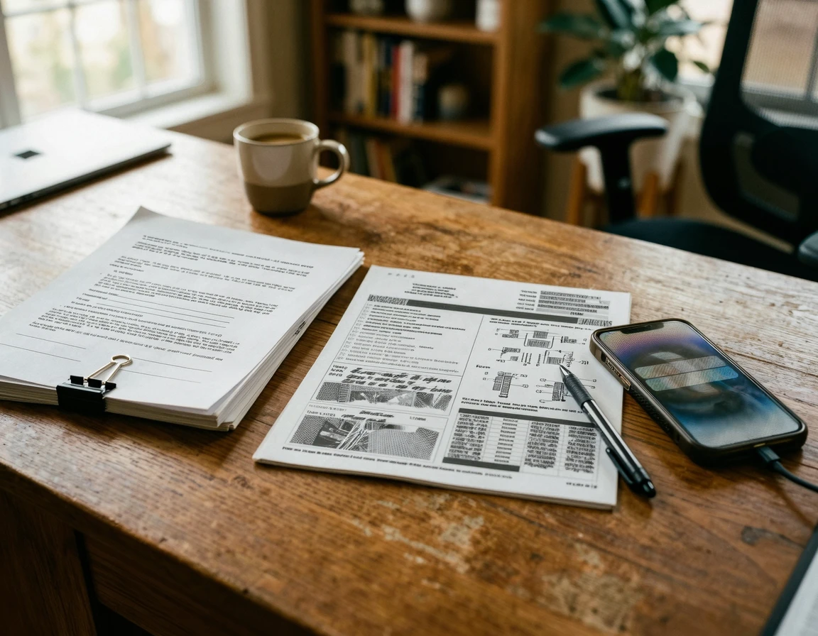 책상 위에 놓인 자동차 점검 소견서와 스마트폰 증거 자료