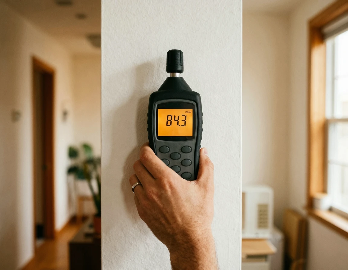아파트 벽면에서 전문 소음 측정기로 데시벨을 재는 모습