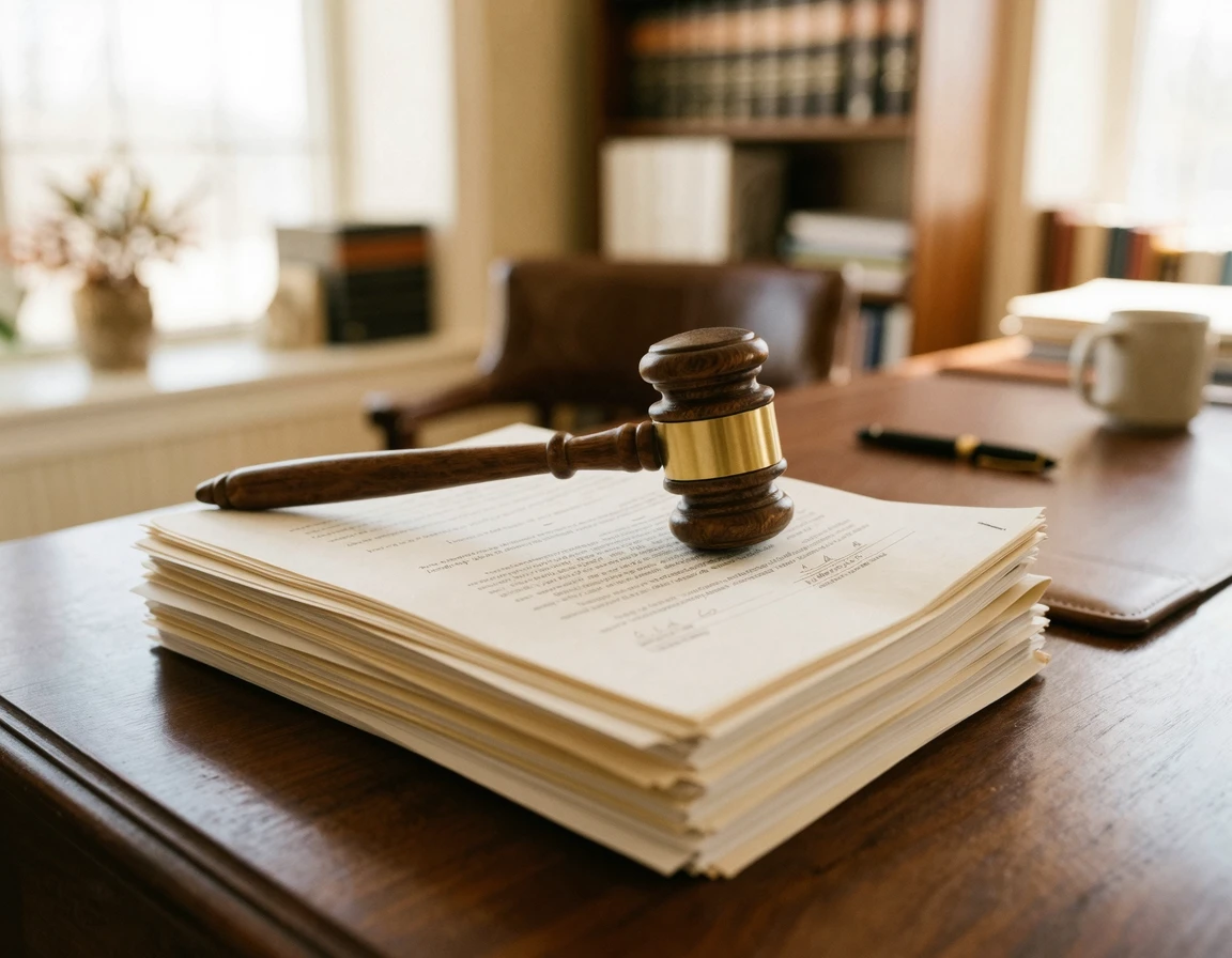 법률 서류 위에 놓인 나무 법봉