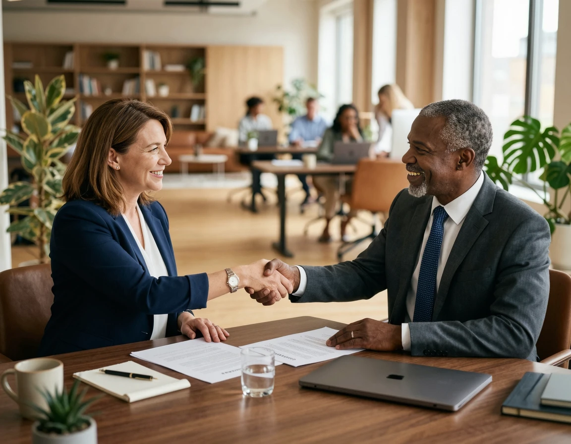 사무실에서 합의하며 악수하는 두 사람