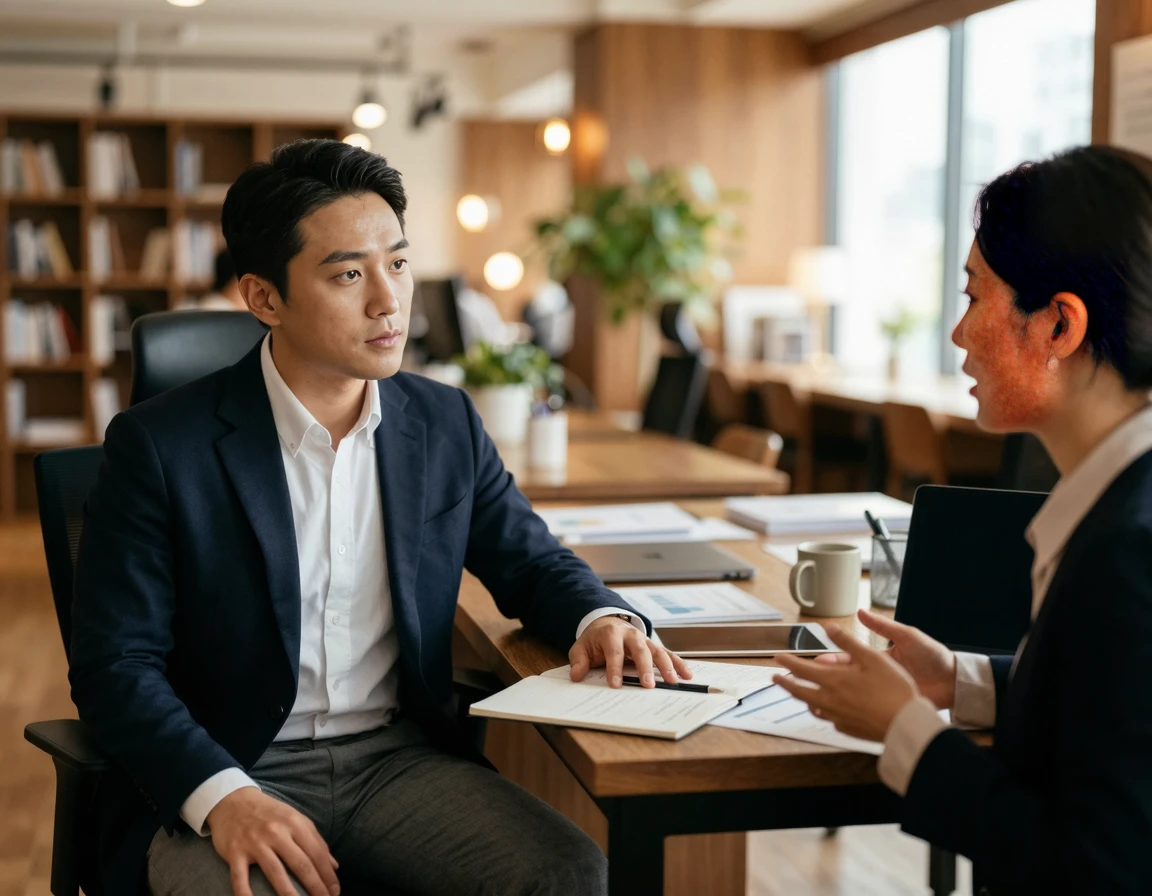 진지한 표정으로 법률 상담을 받는 30대 남성