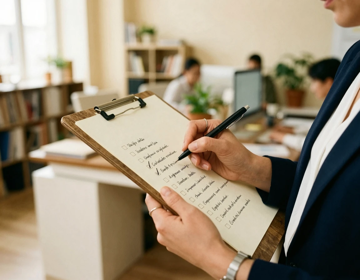 클립보드에 끼워진 체크리스트 항목을 펜으로 하나씩 확인하는 모습