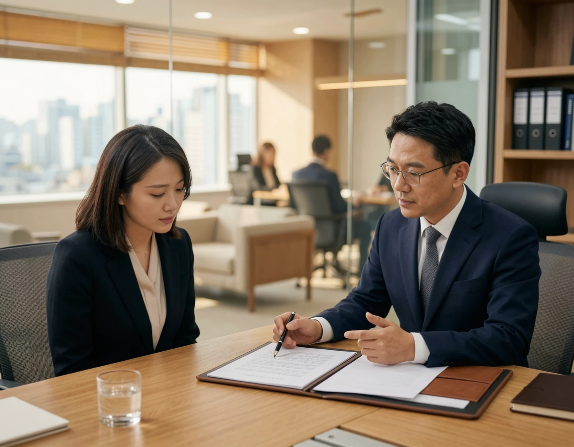 변호사와 의뢰인이 서류를 보며 논의하는 모습