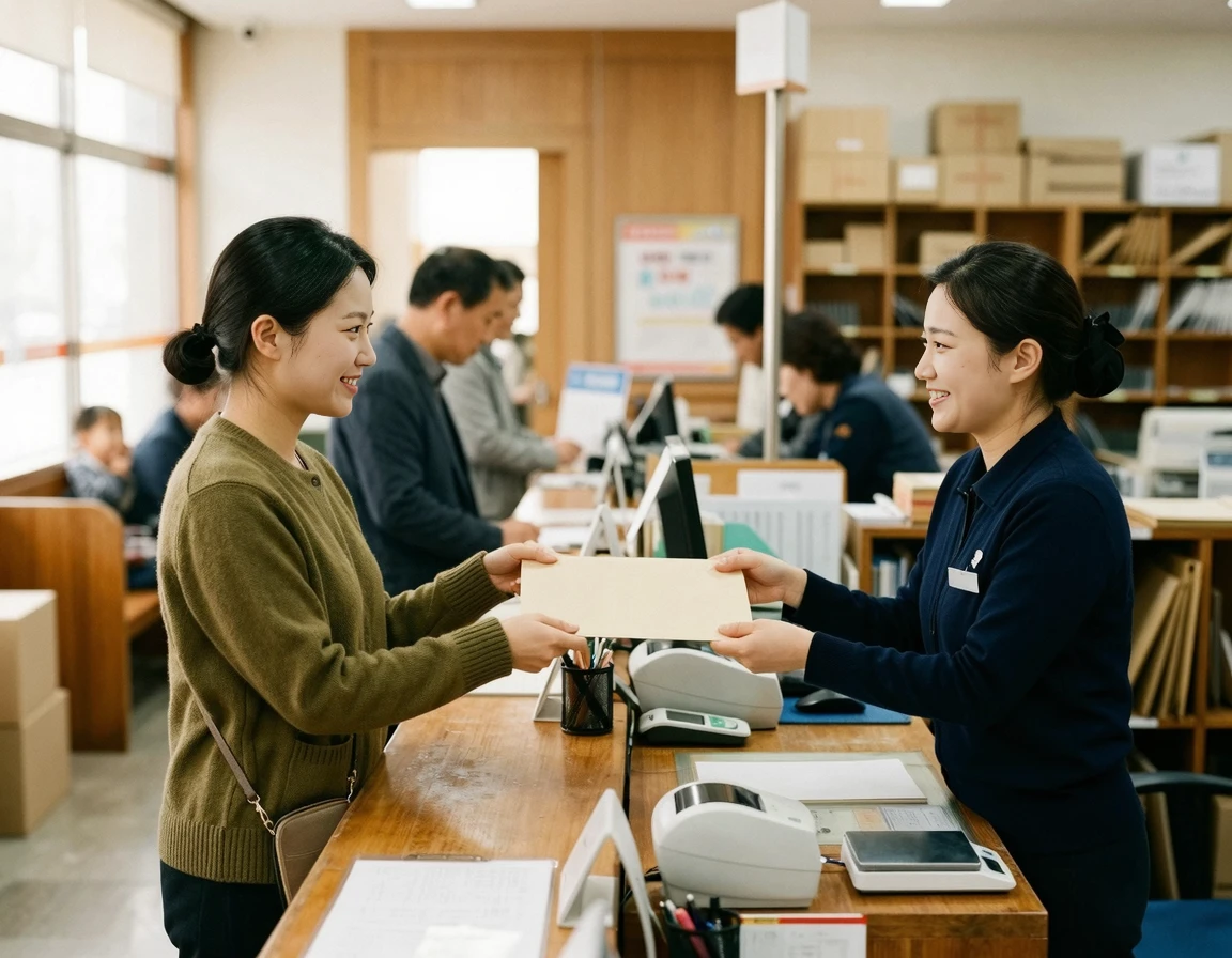 우체국 창구에서 내용증명 서류를 접수하는 모습