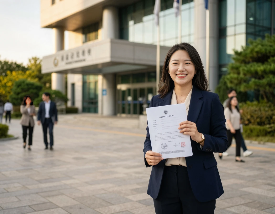 법원 앞에서 확정된 결정문을 들고 안도하는 피해자의 모습