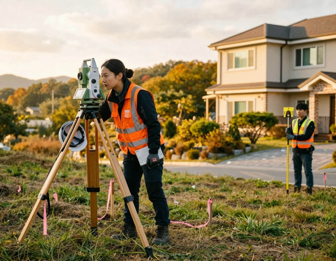주택가 토지 경계선에서 전문 장비로 경계복원측량을 진행하는 모습