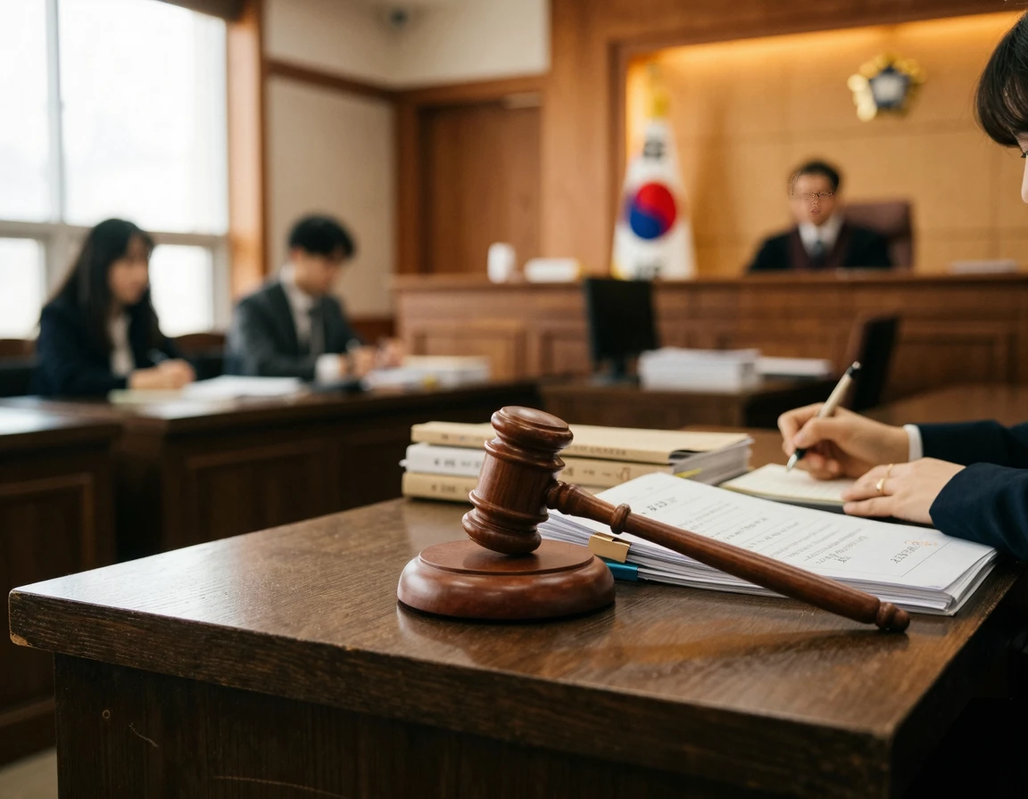 건물 철거 소송을 상징하는 나무 판사봉과 법률 문서