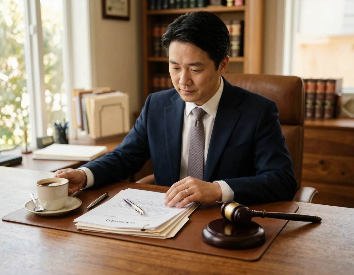 책상 위에 놓인 법률 문서와 나무 의사봉
