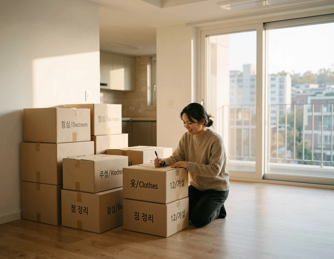 빈 아파트 거실에 쌓여있는 이삿짐 박스들
