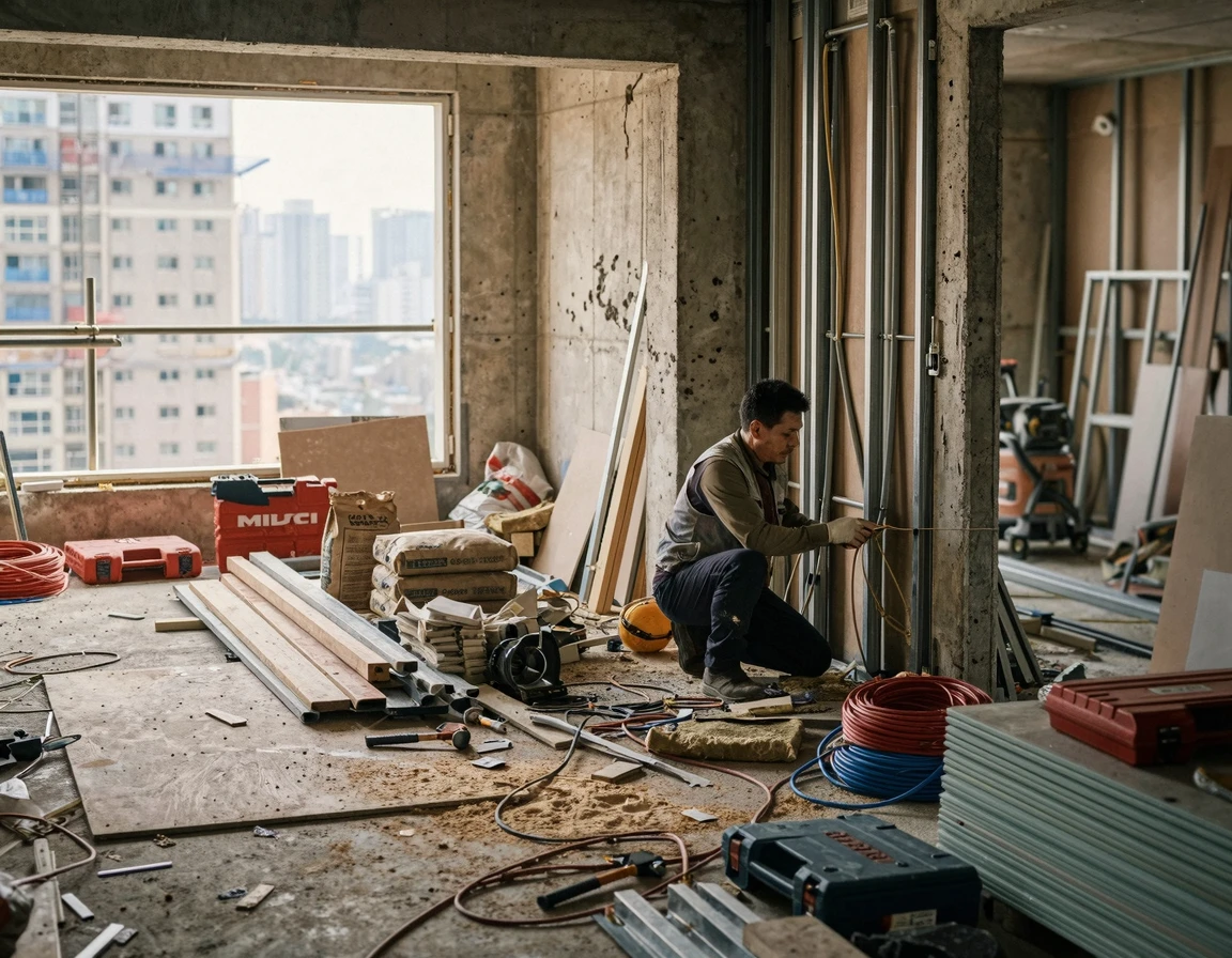 자재가 널브러져 있고 시공이 중단된 아파트 인테리어 현장