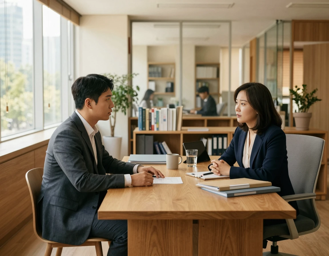 밝은 사무실에서 진지하게 법률 상담을 받는 모습