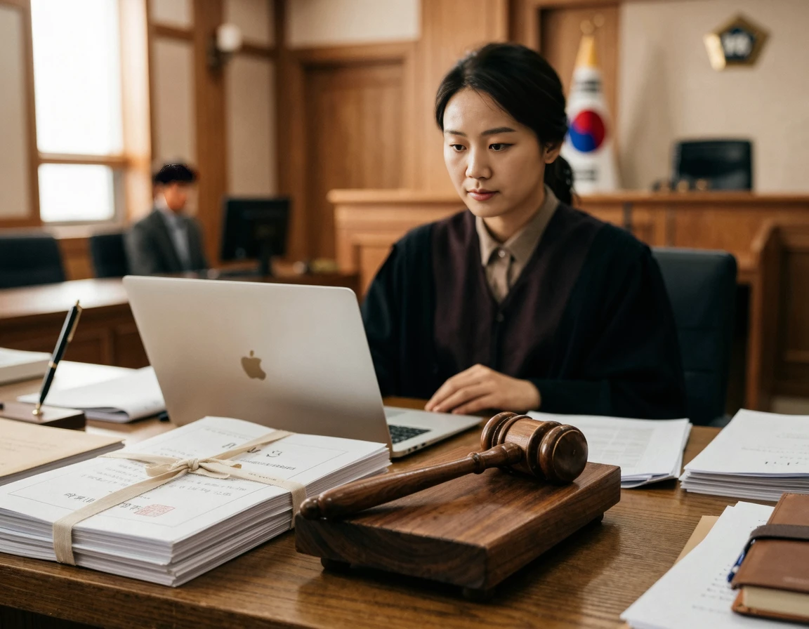노트북과 법률 문서가 놓인 책상 위의 판사봉