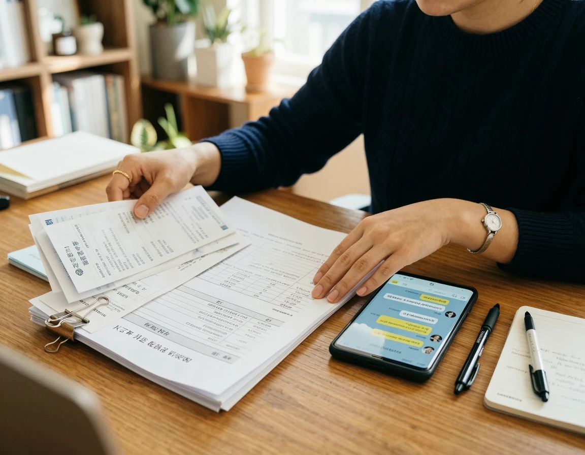경찰서 방문을 위해 이체확인증과 대화 내역 등 증거 자료를 정리하는 모습