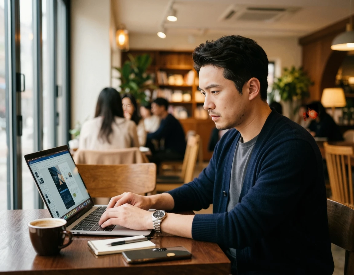 카페에서 노트북으로 전자소송을 준비하는 남성