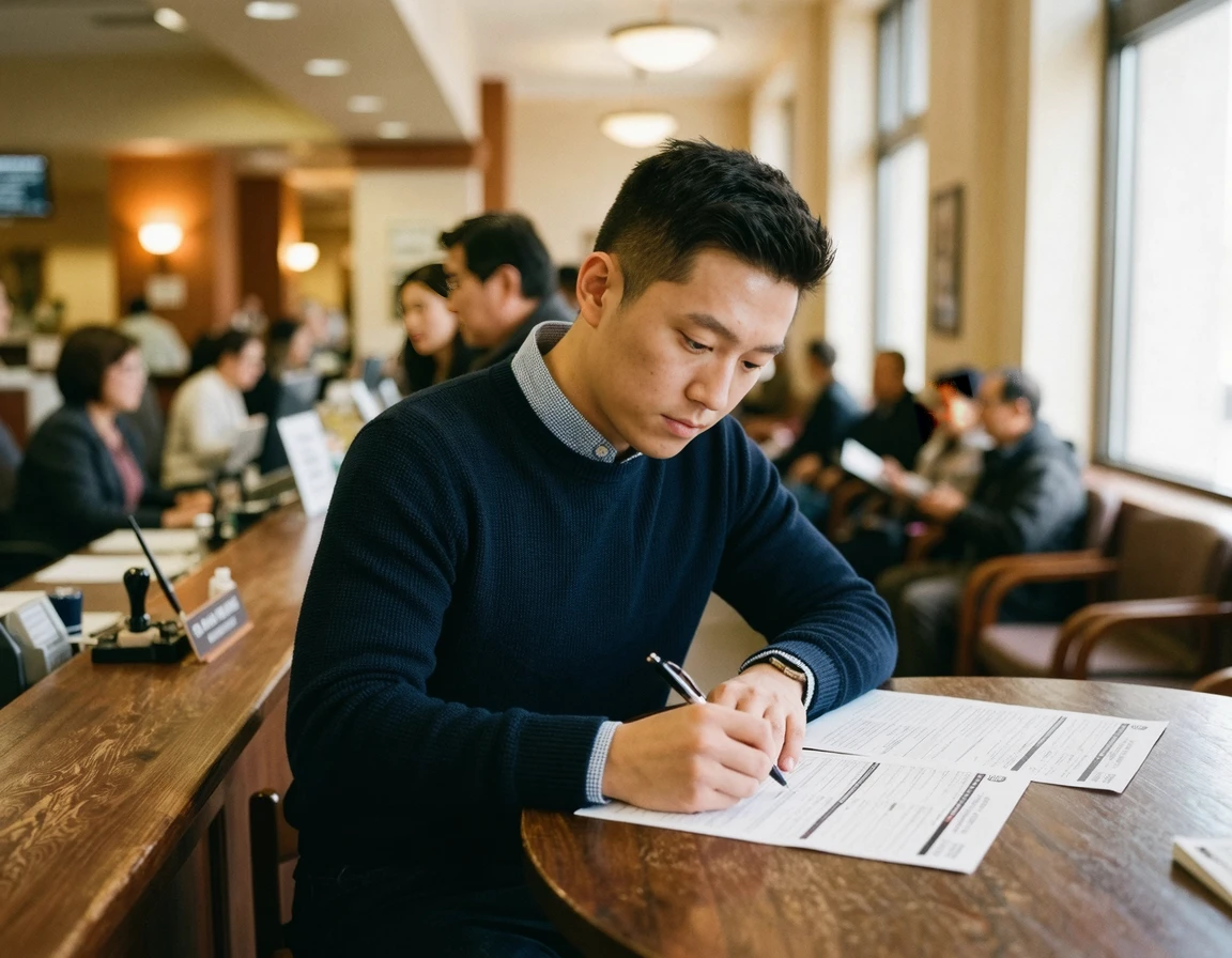 관할 법원 민원실에서 압류금지채권 범위변경 신청서를 작성하는 모습