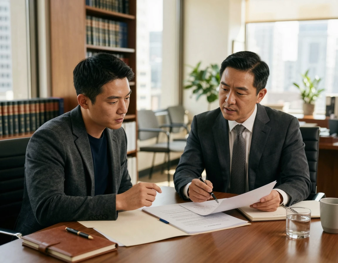 변호사 사무실에서 진지하게 상담을 받고 있는 모습