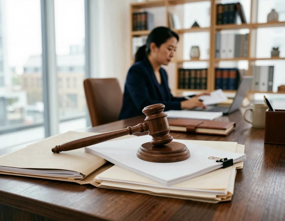 법률 문서 위에 놓인 판사봉