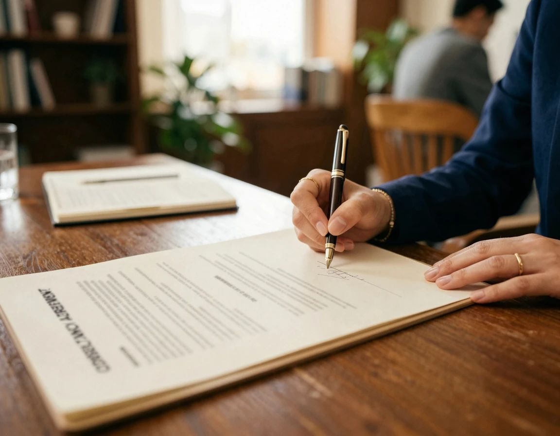 헬스장 환불 규정이 적힌 계약서와 펜