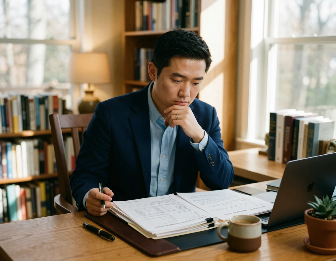 서류를 검토하며 손해배상 청구를 준비하는 남성