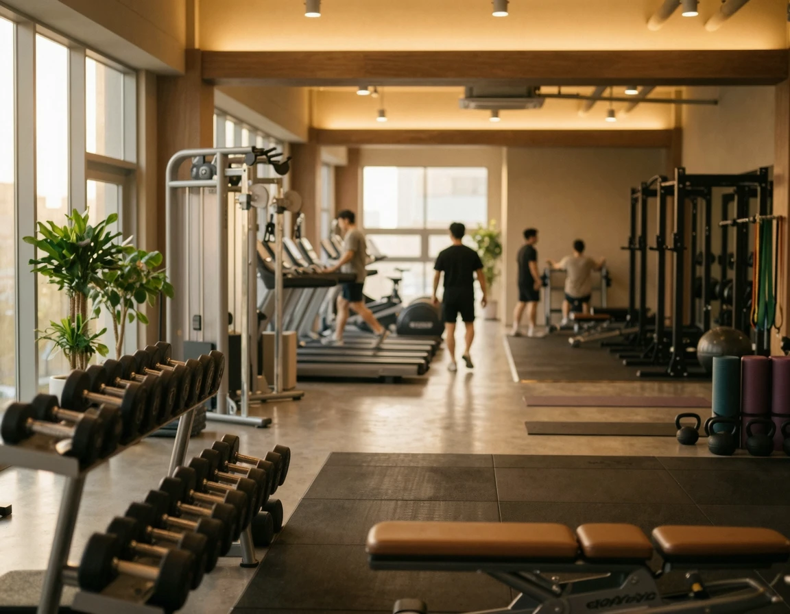 부드러운 조명의 헬스장 내부 배경