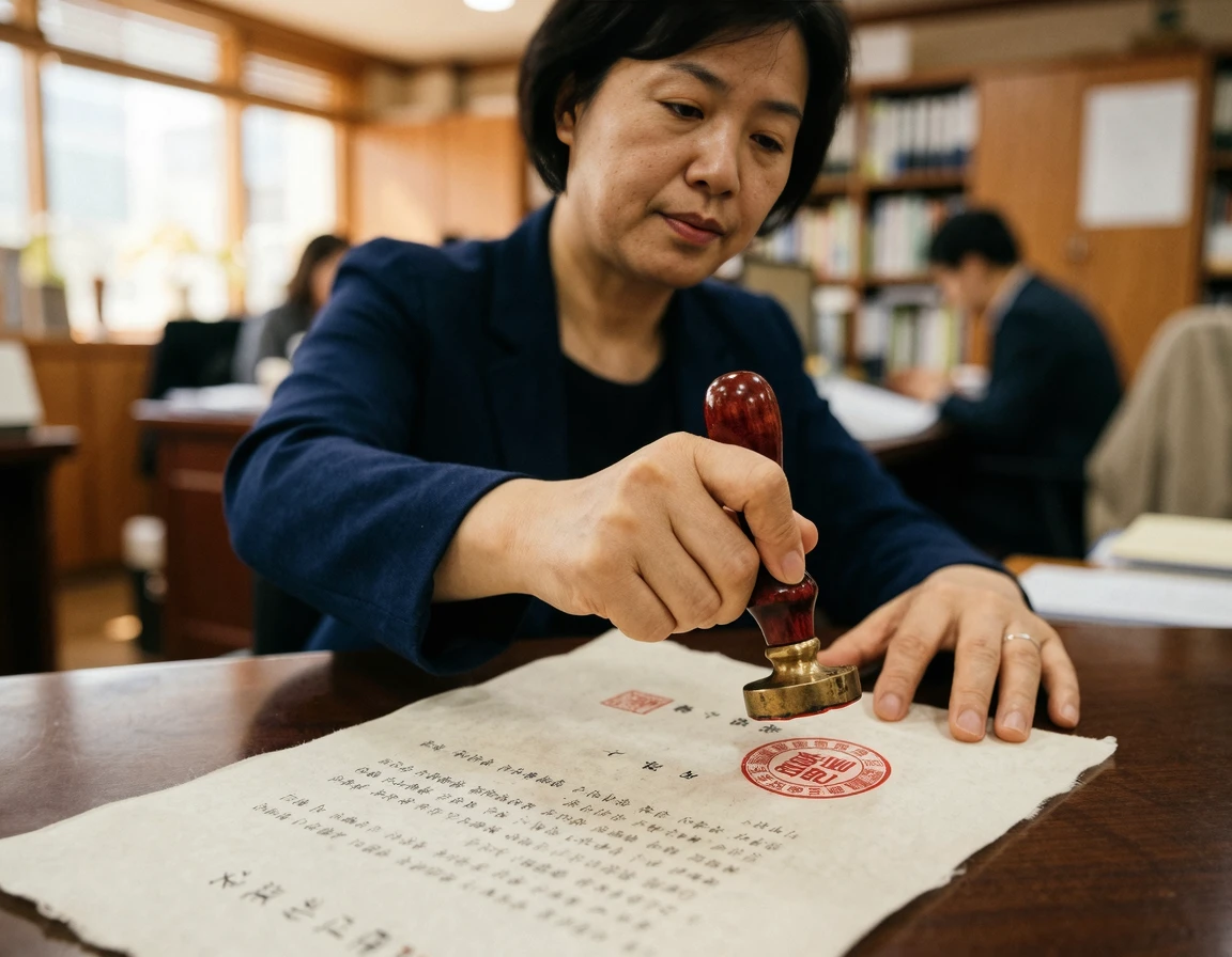 법률 서류에 도장을 찍는 모습