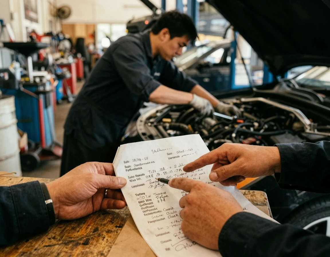 중고차 성능기록부와 차량 상태를 대조하는 모습