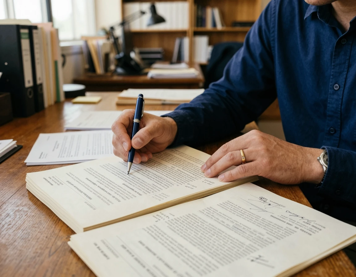 책상 위에서 복잡한 의료 기록과 법률 문서를 꼼꼼히 검토하는 모습