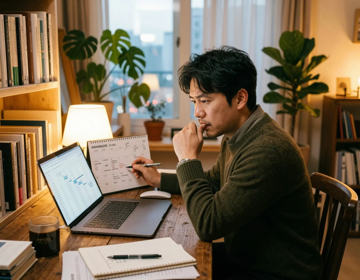 홈 오피스에서 달력과 노트북을 보며 소송 기한을 체크하는 남성