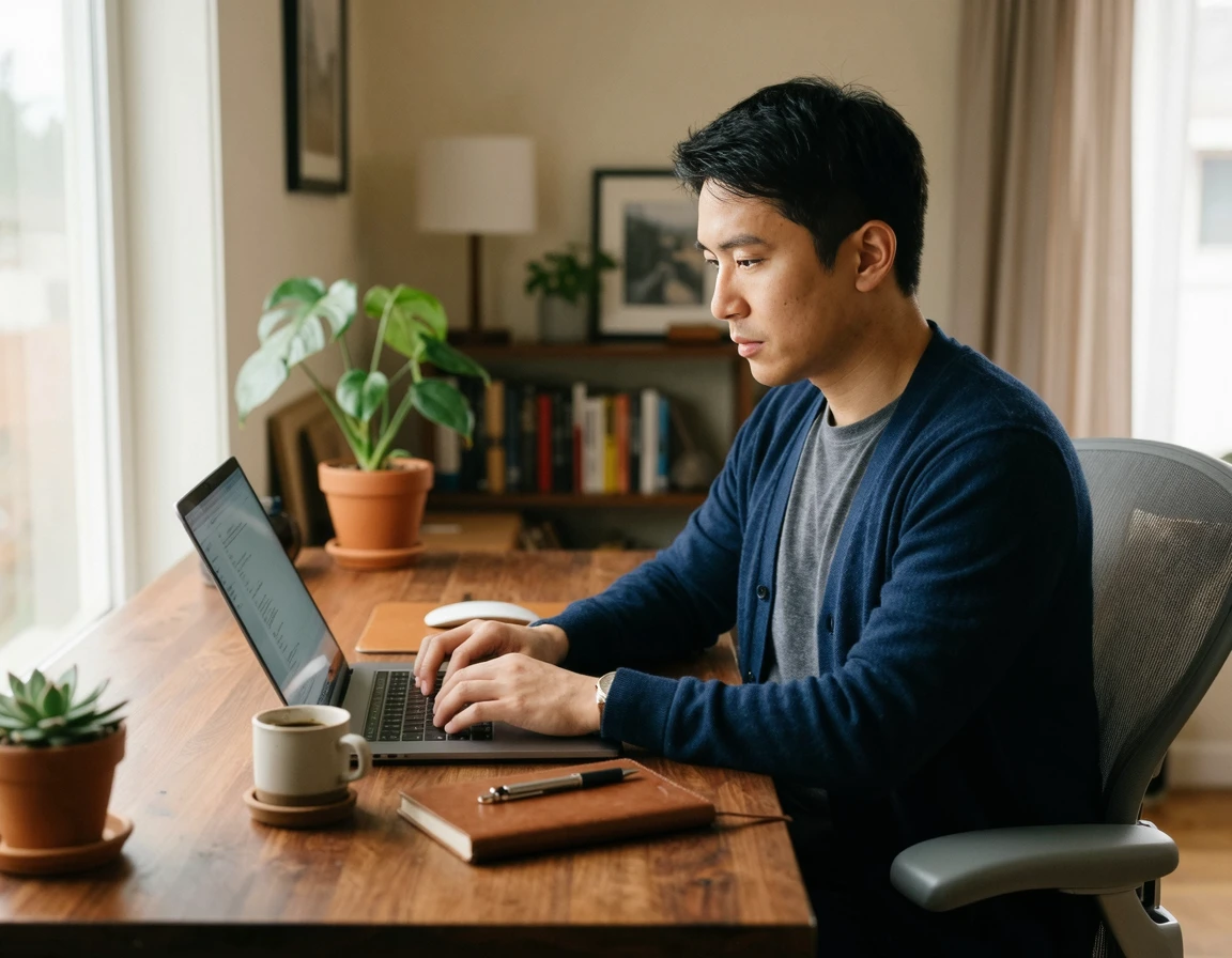 노트북으로 전자소송 지급명령을 신청하는 남성