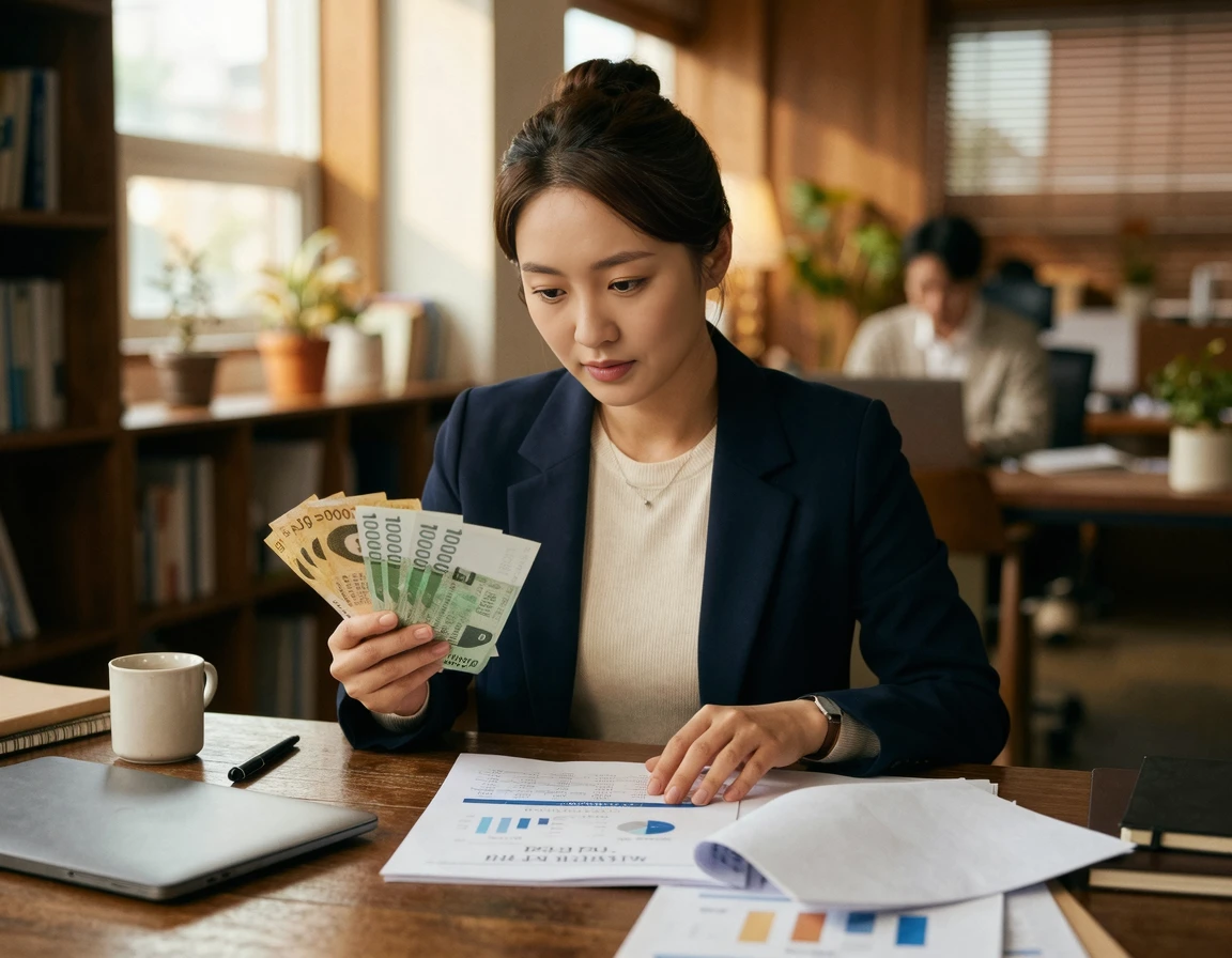 서류를 보며 한국 돈을 들고 있는 사람