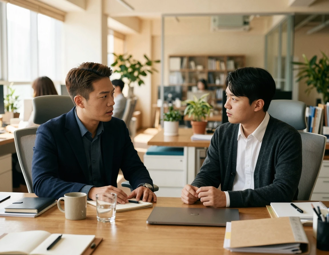 사무실에서 심각하게 대화하는 두 남성