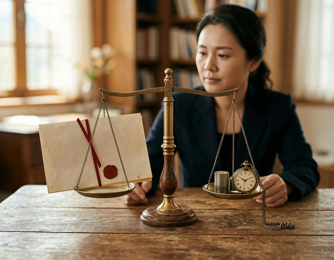 법적 결정과 시간, 금전의 가치를 저울질하는 모습