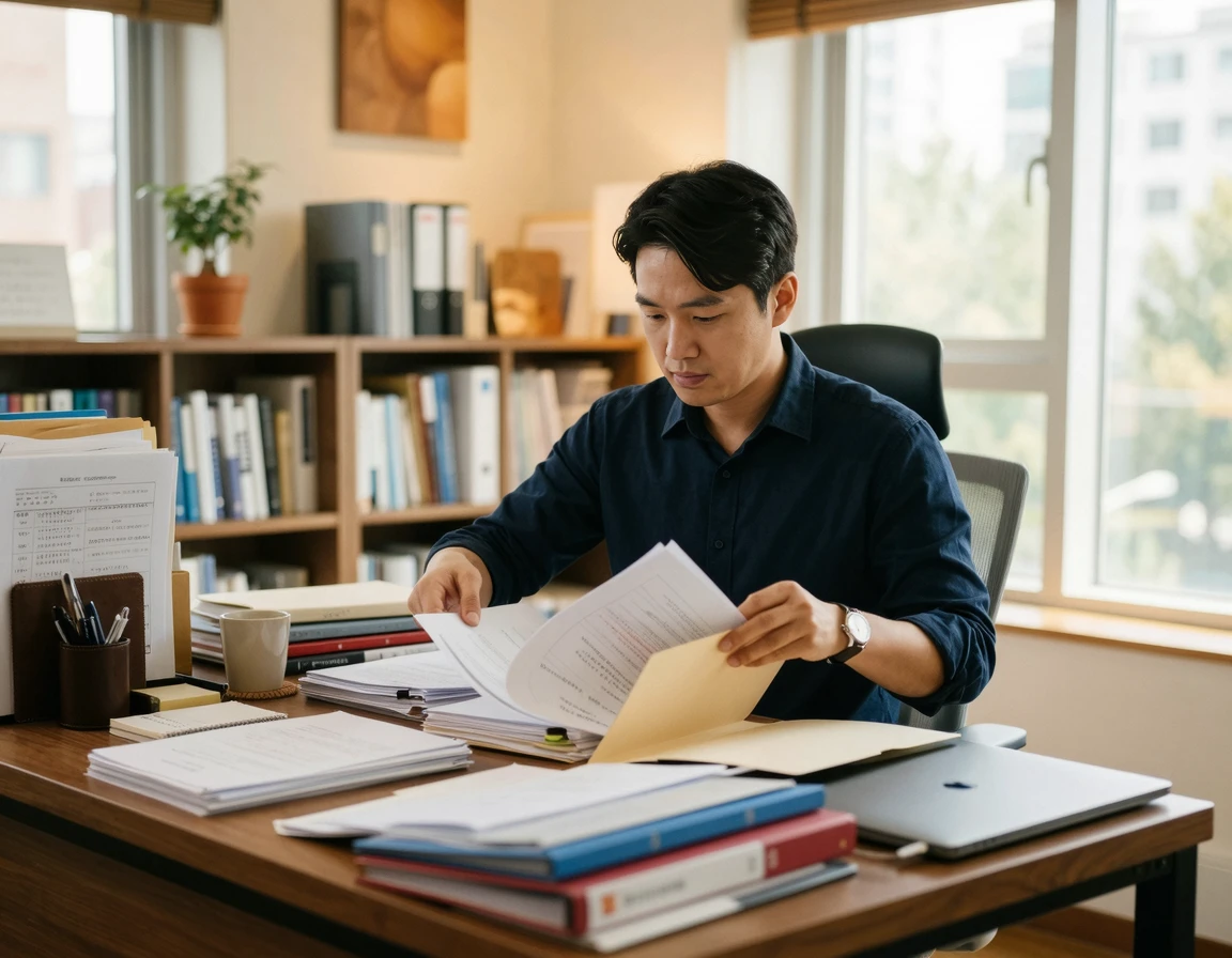 책상에서 서류를 정리하며 결의를 다지는 남성의 모습
