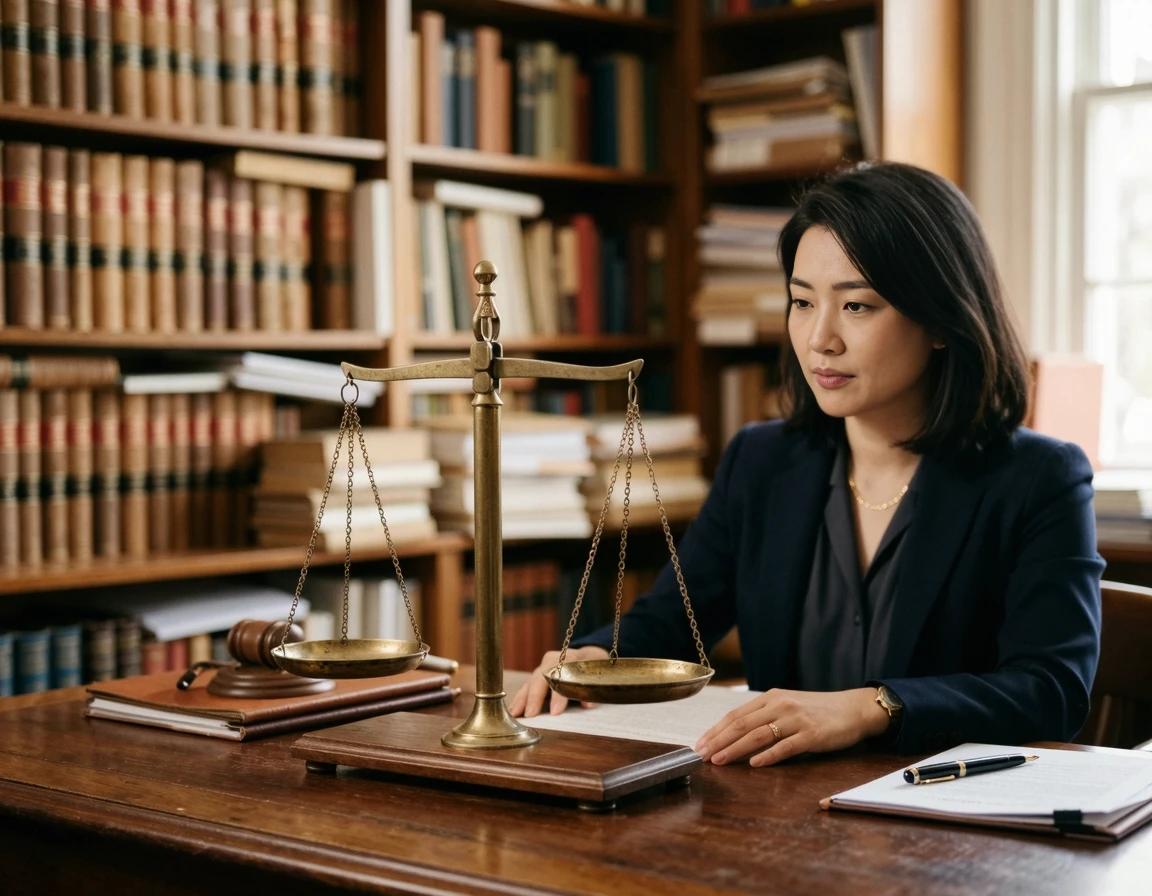 법률 서적과 저울이 놓여 있는 차분한 분위기의 책상