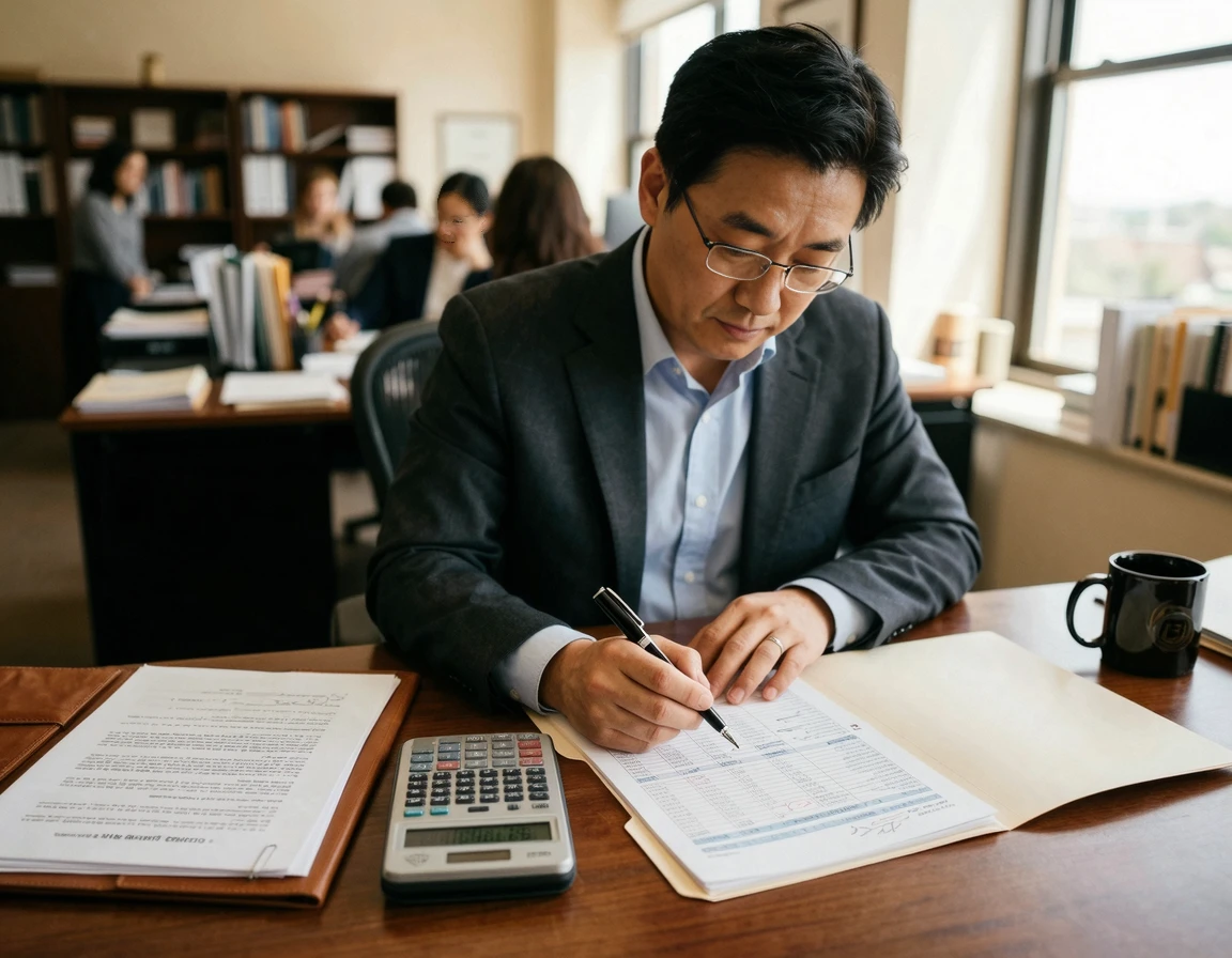 손해배상금 산정을 보여주는 서류와 계산기