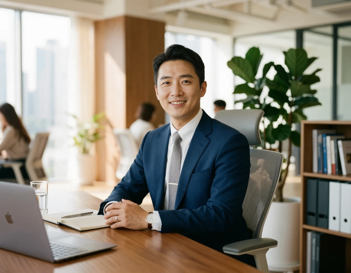 밝은 사무실에 앉아 서류를 검토하는 깔끔한 정장 차림의 30대 남성 전문가