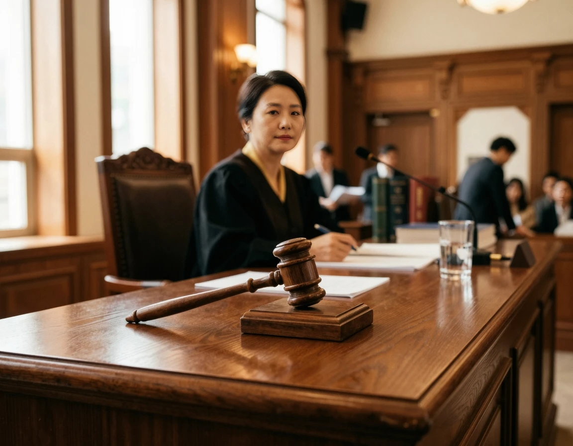 법정 책상 위에 놓여 있는 나무 재판장 망치