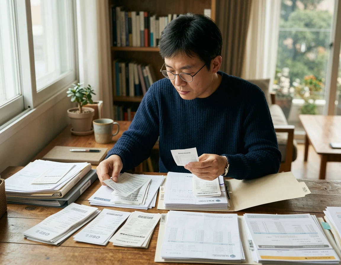 소송을 위해 영수증과 증거 자료를 정리하는 모습