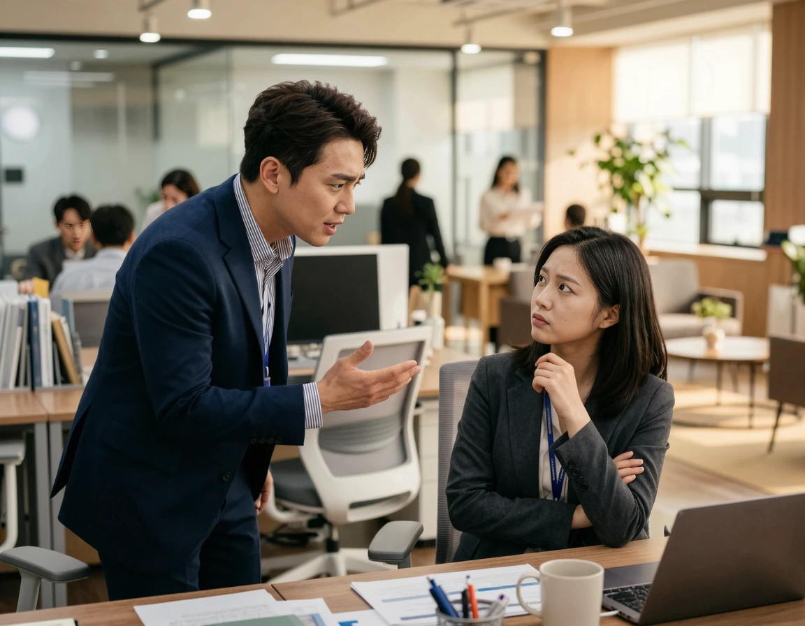 사무실 내에서 업무 관련 갈등을 겪는 직장인들
