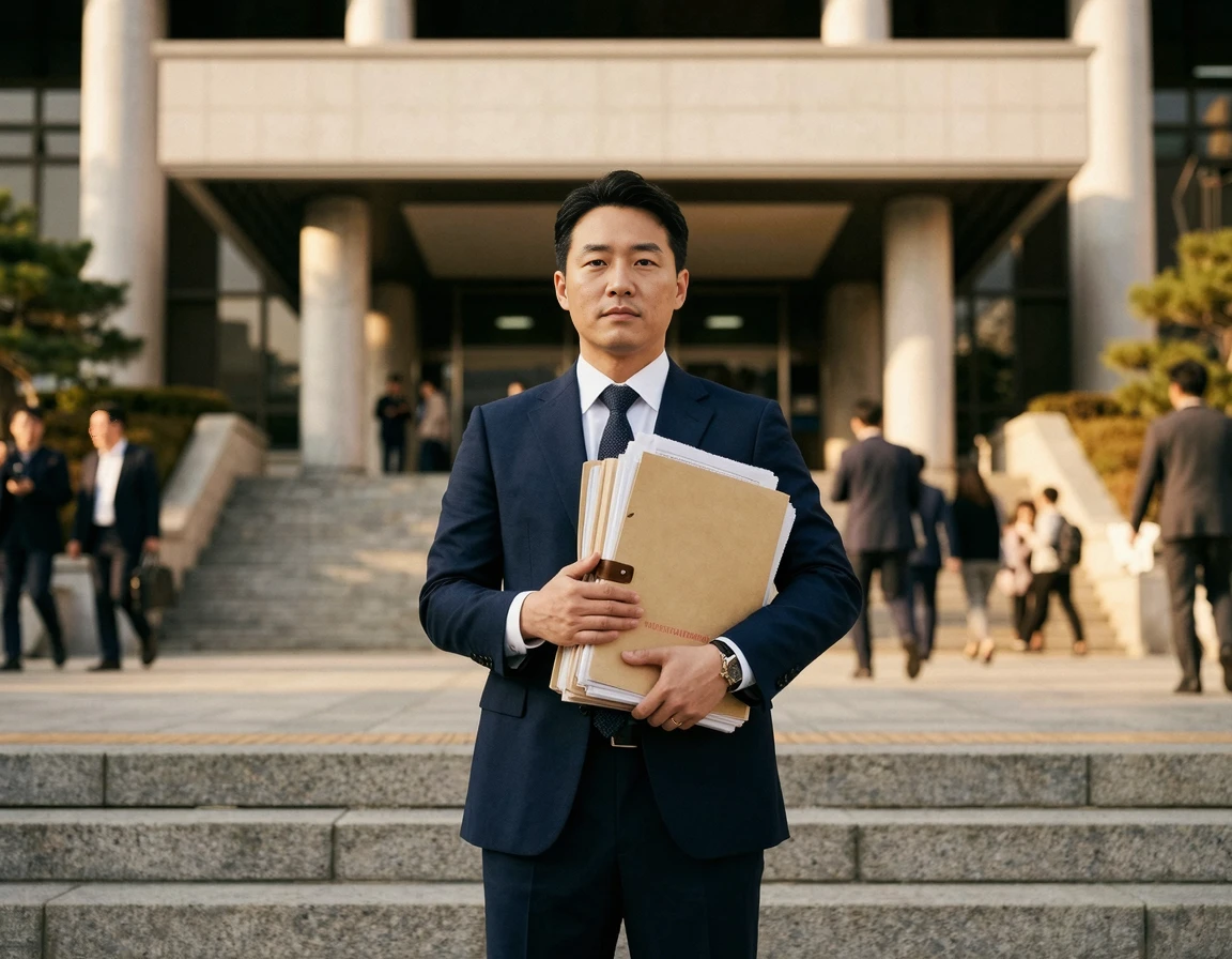 법원 앞에서 서류를 들고 있는 모습
